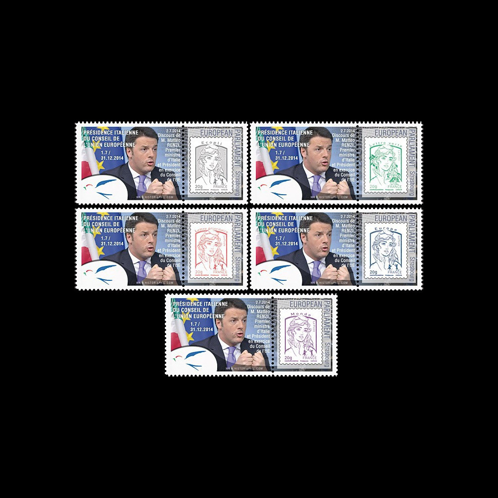 PE662-PT1/5 : 7-2014 - 5 Marianne sur porte-timbres privés "Présidence italienne / Renzi"