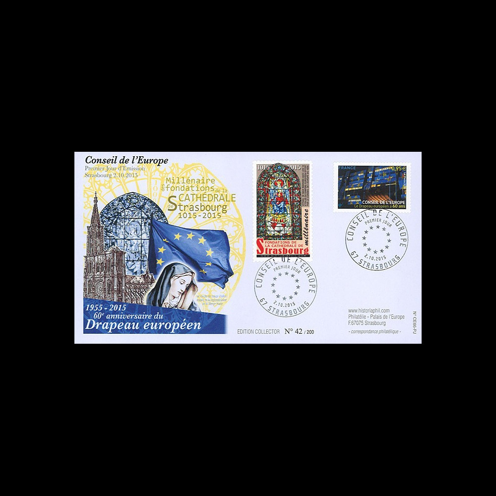CE66-PJ : 10-2015 - FDC Conseil de l'Europe "1er Jour - 60 ans Drapeau européen"