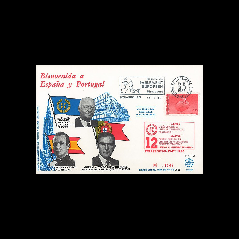 PE108 : 1986 - FDC Session du PE "Adhésion de l'Espagne et du Portugal à la CEE"