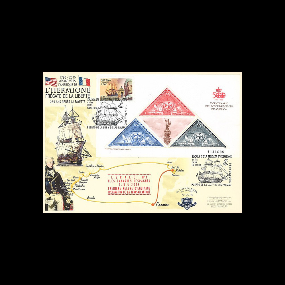 HLF15-3 : 2015 - Maxi FDC ESPAGNE "Escale Iles Canaries - Frégate L'HERMIONE / LA FAYETTE"