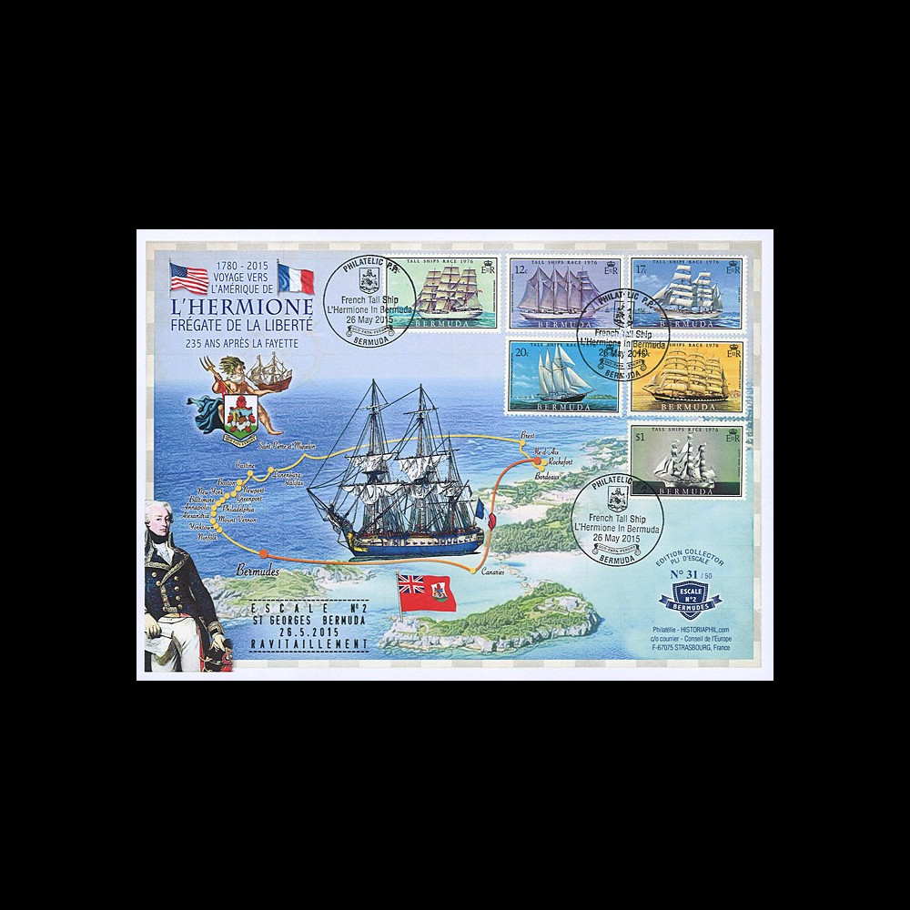 HLF15-4T1 : 2015 - Maxi FDC BERMUDES "Escale n°2 à Saint-Georges - Frégate L'HERMIONE"