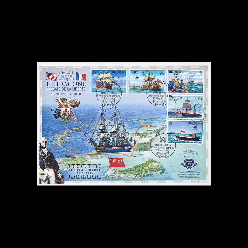 HLF15-4T2 : 2015 - Maxi FDC BERMUDES "Escale n°2 à Saint-Georges - Frégate L'HERMIONE"
