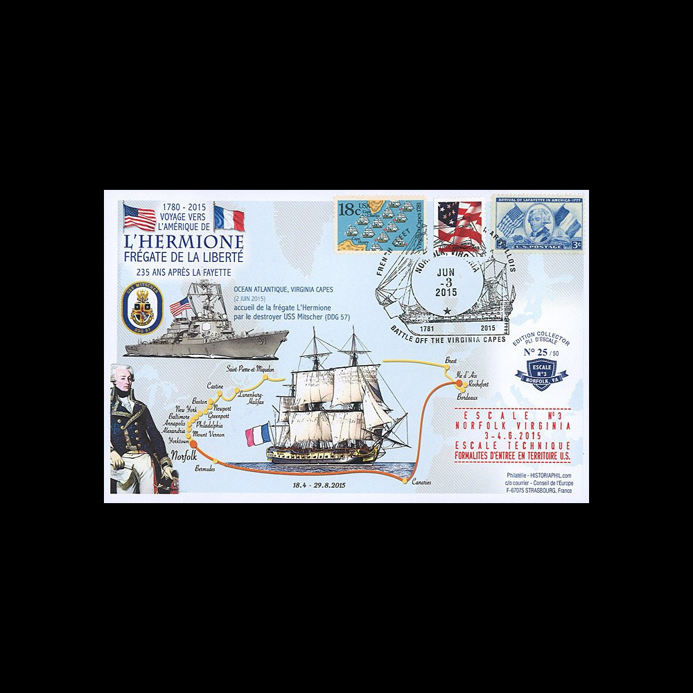 HLF15-5 : 2015 - Maxi FDC USA "Escale n°3 à Norfolk - Frégate L'HERMIONE / LA FAYETTE"