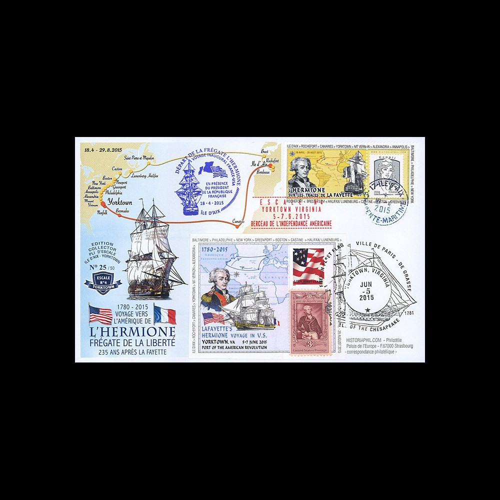 HLF15-6 : 2015 - Maxi FDC FRANCE-USA "Escale n°4 à Yorktown - Frégate L'HERMIONE / LA FAYETTE"