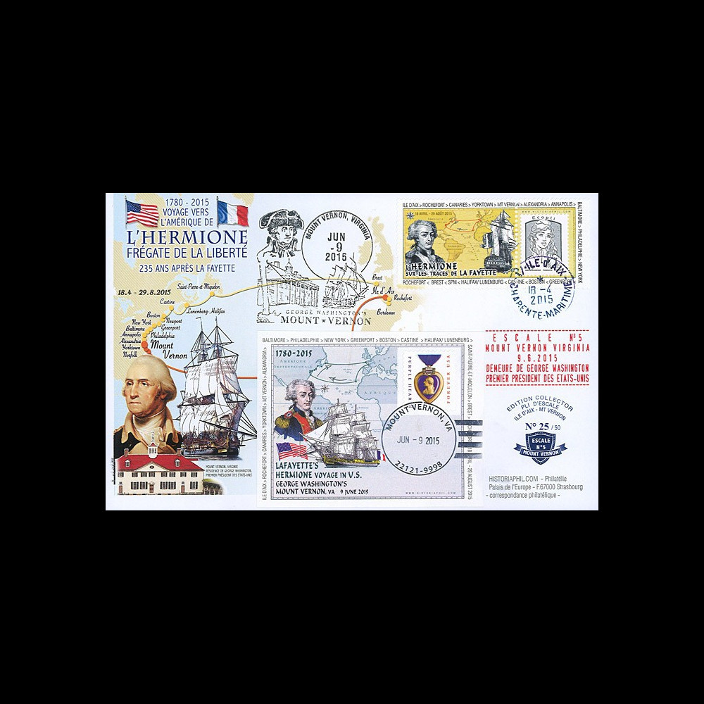 HLF15-7 : 2015 - Maxi FDC FRANCE-USA "Escale n°5 Mount Vernon - L'HERMIONE / LA FAYETTE"