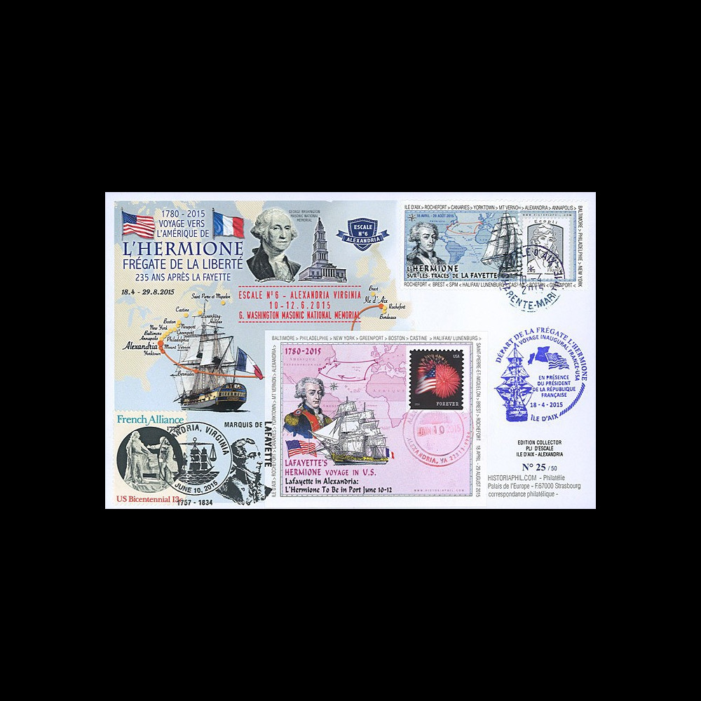 HLF15-8 : 2015 - Maxi FDC FRANCE-USA "Escale n°6 à Alexandria - L'HERMIONE"