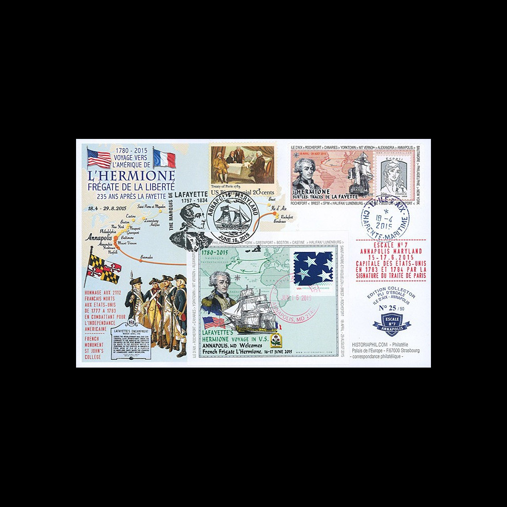 HLF15-9 : 2015 - Maxi FDC FRANCE-USA "Escale n°7 Annapolis - L'HERMIONE / LA FAYETTE"