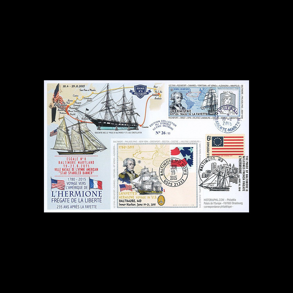 HLF15-10 : 2015 - Maxi FDC FRANCE-USA "Escale n°8 Baltimore - L'HERMIONE / LA FAYETTE"