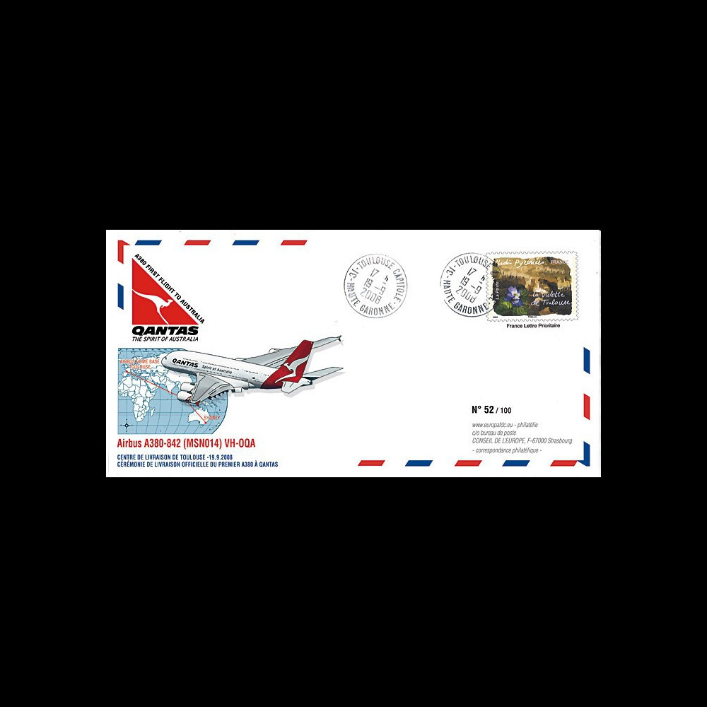 A380-72 : 2008 - FFC FRANCE "Livraison A380 Qantas Airways - 1er vol Toulouse-Sydney" A380-72 : 2008 - FFC FRANCE "Livraison A380 Qantas Airways - 1er vol Toulouse-Sydney"