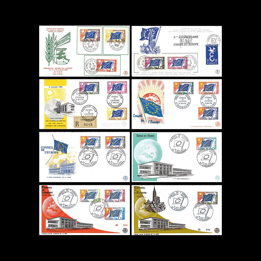 CE2-19PJCOL : 1958-1976 - Collection 8 FDC "1er Jour Conseil de l'Europe - Drapeau de l'Europe"