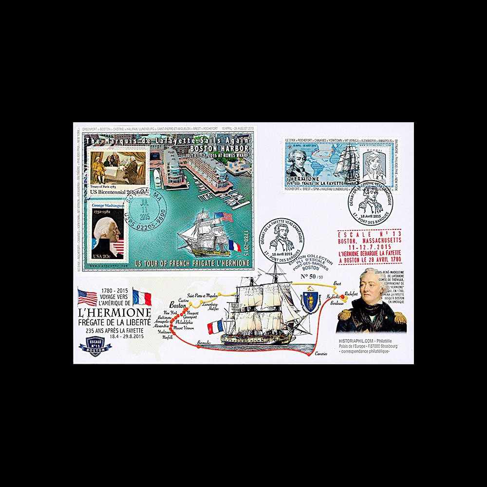 HLF15-16 : 2015 - Maxi FDC FRANCE-USA "Escale 13 à Boston - L'HERMIONE / LA FAYETTE"