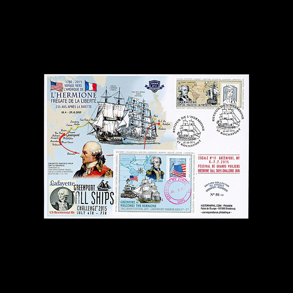 HLF15-14 : 2015 - Maxi FDC USA-FRANCE "Escale 11 Greenport - L'HERMIONE / LA FAYETTE"