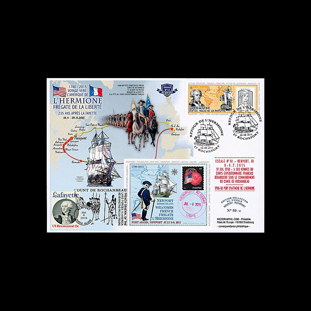HLF15-15 : 2015 - Maxi FDC USA-FRANCE "Escale 12 Newport - L'HERMIONE / LA FAYETTE"
