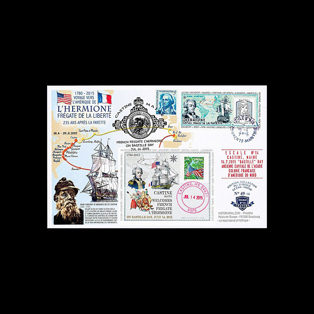 HLF15-17 : 2015 - Maxi FDC FRANCE-USA "Escale 14 à Castine - L'HERMIONE / LA FAYETTE"