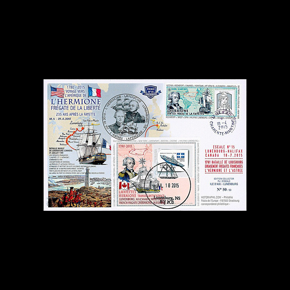 HLF15-18 : 2015 - Maxi FDC FRANCE-CANADA "Escale 15 Lunenburg - L'HERMIONE"