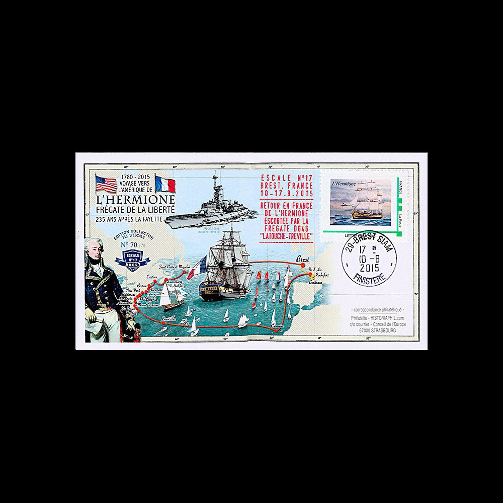 HLF15-21 : 2015 - FDC FRANCE "Escale 17 à Brest - Frégate L'HERMIONE / LA FAYETTE"