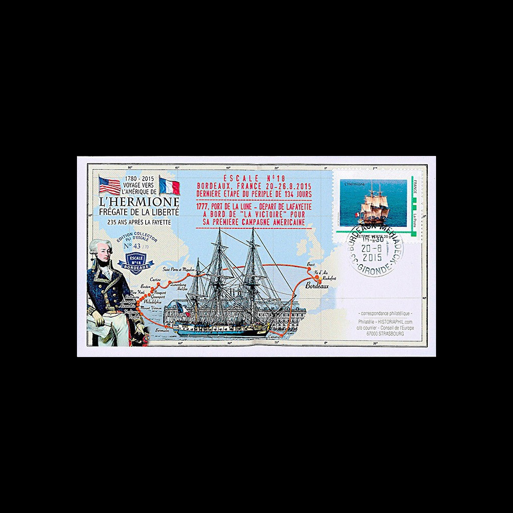 HLF15-22 : 2015 - FDC FRANCE "Escale 18 à Bordeaux - Frégate L'HERMIONE / LA FAYETTE"