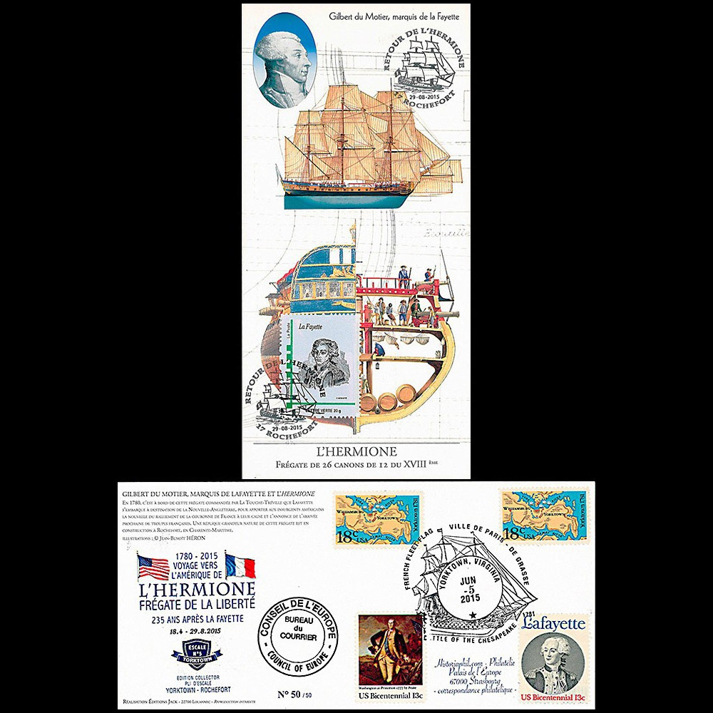 HLF15-25 : 2015 - Carte Maxi USA-FRANCE "Escale 19 Rochefort L'HERMIONE / LA FAYETTE"