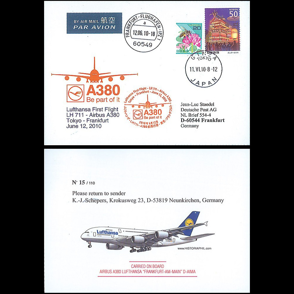 A380-116T2 : 2010 - FFC JAPON à bord "A380 Lufthansa - 1er Vol Tokyo-Frankfurt"
