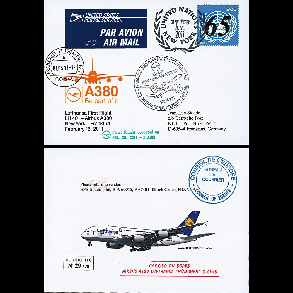 A380-128 : 2011 - FFC USA à bord "A380 Lufthansa - 1er Vol New York-Frankfurt"