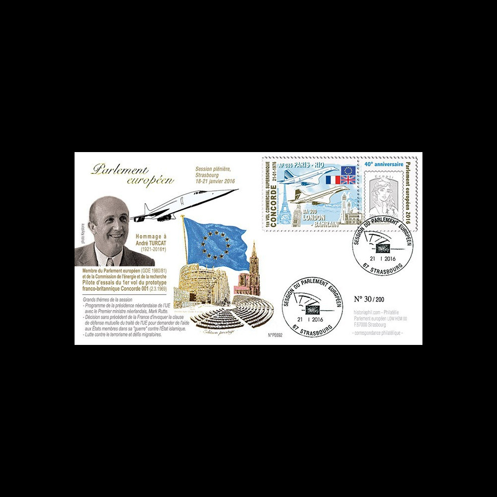 PE692 : 01-2016 - FDC Parlement européen "Hommage TURCAT - 40 ans 1er vol CONCORDE PE692 : 01-2016 - FDC Parlement européen "Hommage TURCAT - 40 ans 1er vol CONCORDE