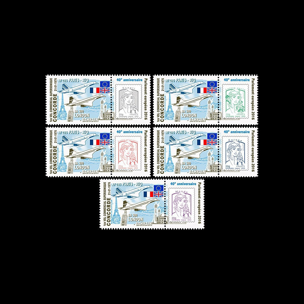 PE692-PT1/5 : Série 5 Marianne "40 ans 1er vol CONCORDE Paris-Rio et Londres-Bahraïn" PE692-PT1/5 : Série 5 Marianne "40 ans 1er vol CONCORDE Paris-Rio et Londres-Bahraïn"