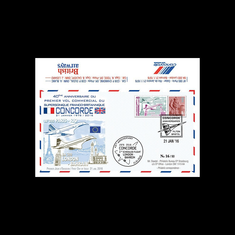 CO-RET60 : 2016 - FDC ROYAUME-UNI "Avion CONCORDE - 40 ans 1er vol Londres-Bahreïn"