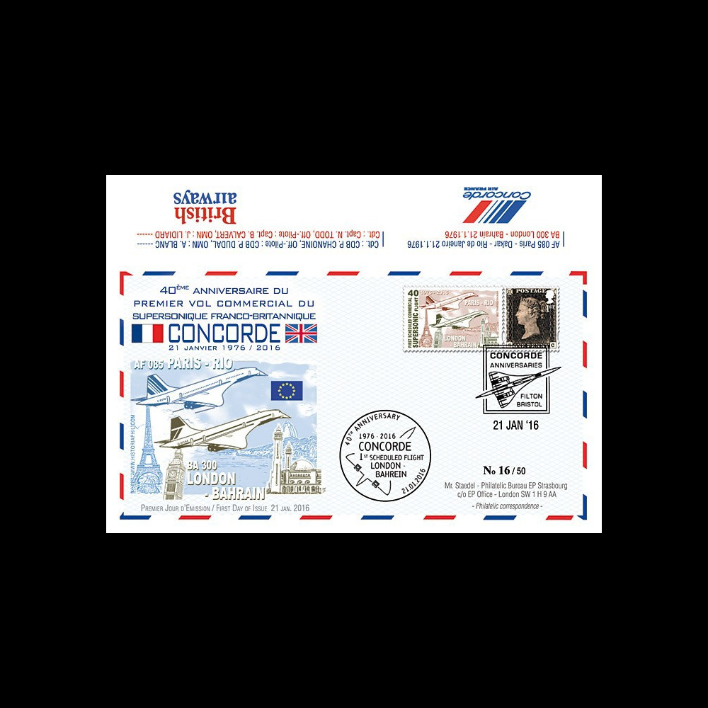 CO-RET61 : 2016 - FDC ROYAUME-UNI "Avion CONCORDE - 40 ans 1er vol Londres-Bahreïn"