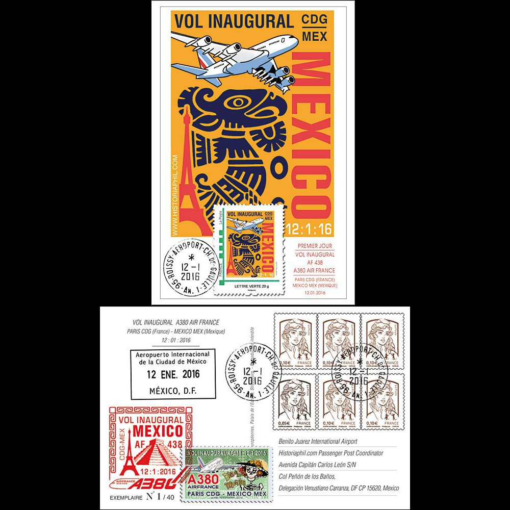 A380-293 : 2016 - Carte maximum FRANCE "Airbus A380 Air France - 1er vol Paris-Mexico"