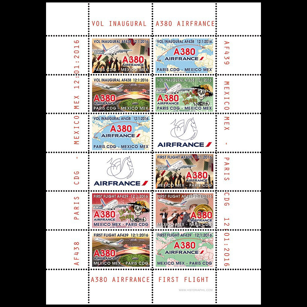 A380-293FD : 2016 - Feuillet 12 vignettes "A380 Air France Vol Inaugural Paris-Mexico"