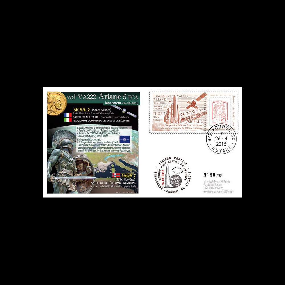 VA222L-T1 : 2015 - FDC KOUROU "Fusée ARIANE 5 - Vol 222 / SICRAL 2 & THOR 7"