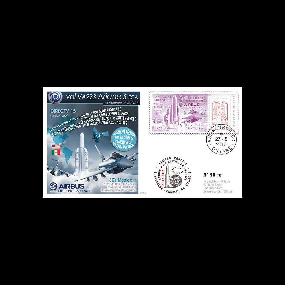 VA223L-T1 : 2015 - FDC KOUROU "Fusée ARIANE 5 - Vol 223 / DIRECTV 15 - Airbus Defense & Space"