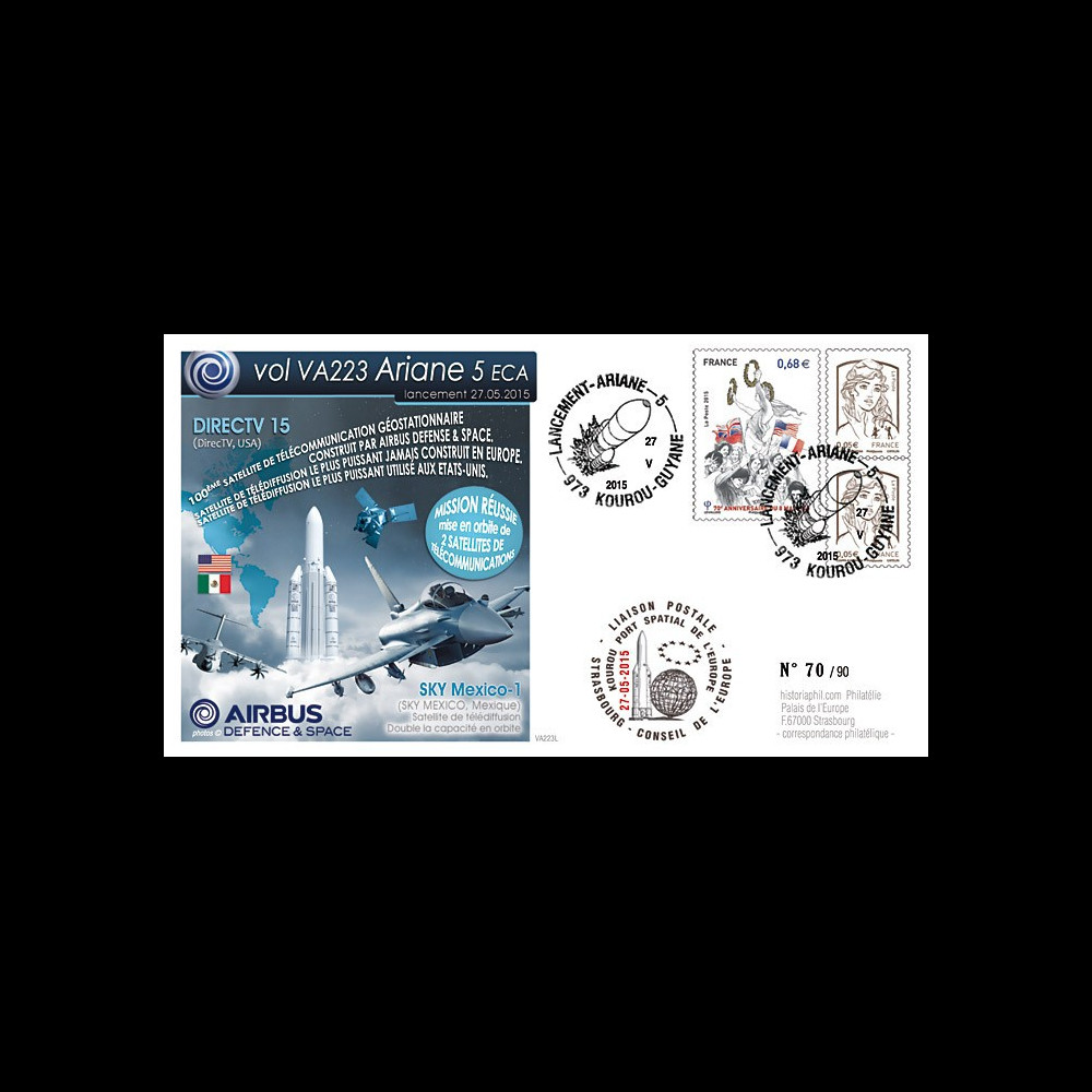 VA223L-T2 : 2015 - FDC KOUROU "Fusée ARIANE 5 - Vol 223 / DIRECTV 15 - Airbus Space"