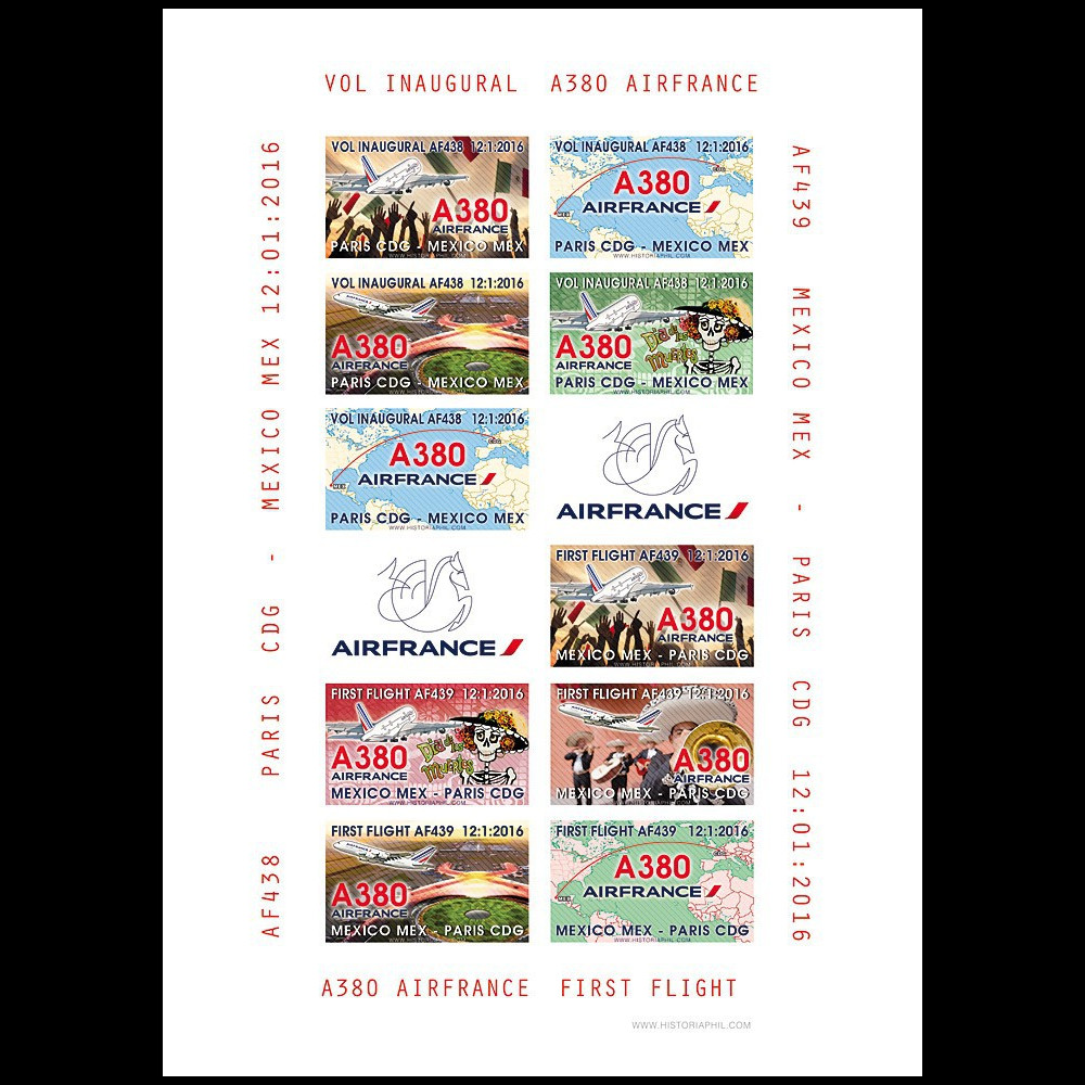 A380-293FND : 2016 - Feuillet 12 vignettes "A380 Air France Vol Inaugural Paris-Mexico"