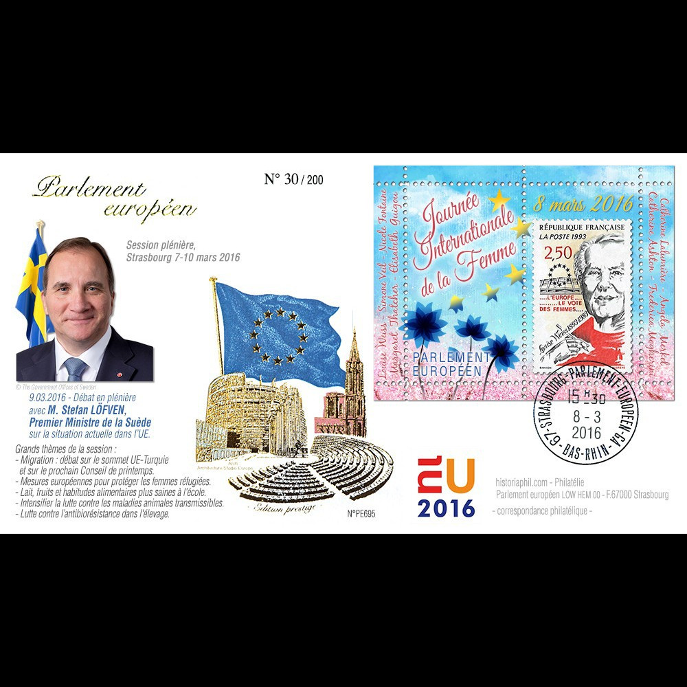 PE695 : 03-16 FDC Parlement européen "Premier ministre suédois / Journée Int. Femme"