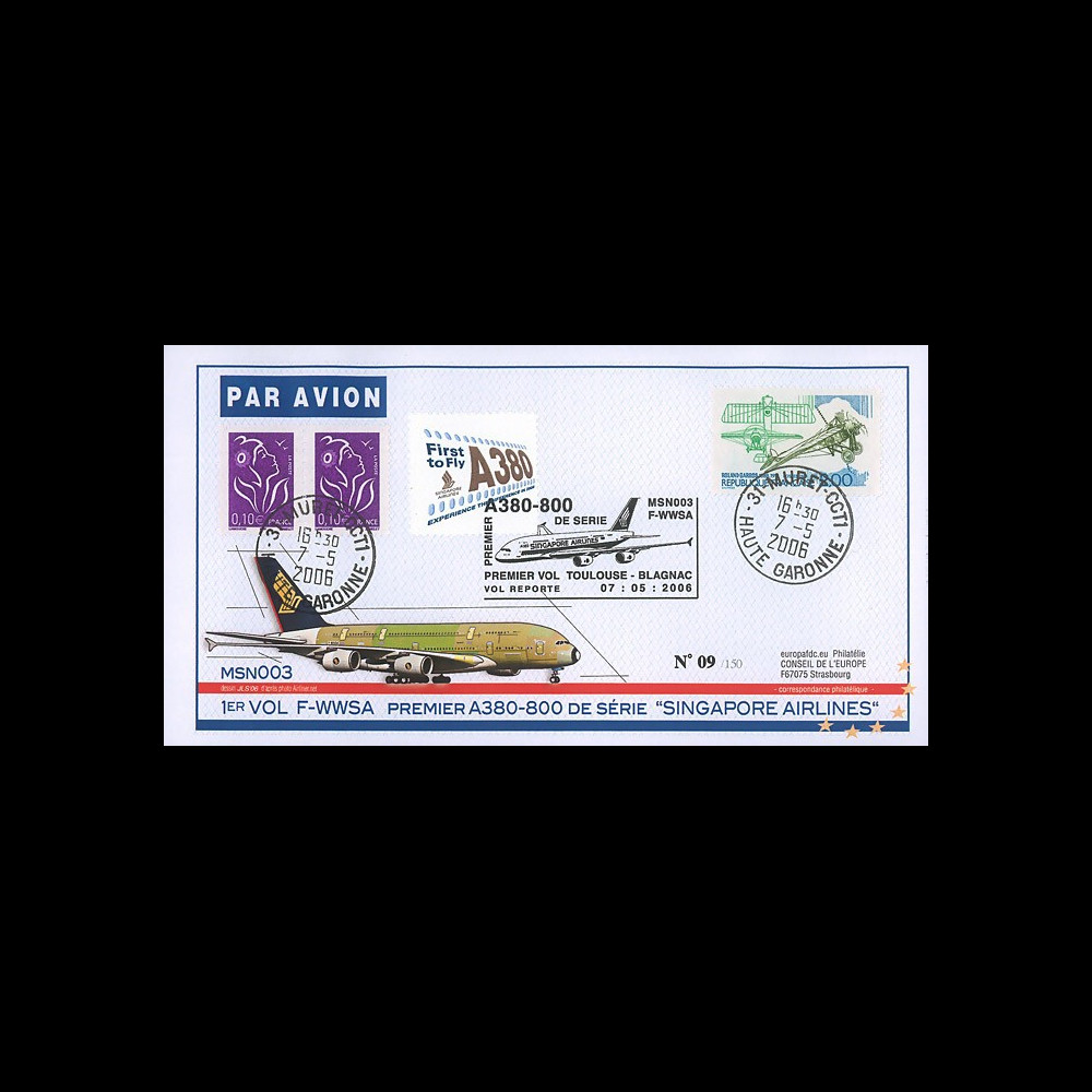 A380-19T1 : 2006 - FDC France "1er Vol A380-800 de série / MSN003 de Singapore Airlines"