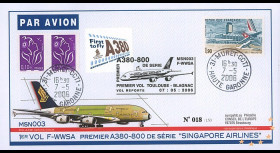 A380-19T2 : 2006 - FDC France "1er Vol A380-800 de série / MSN003 de Singapore Airlines"