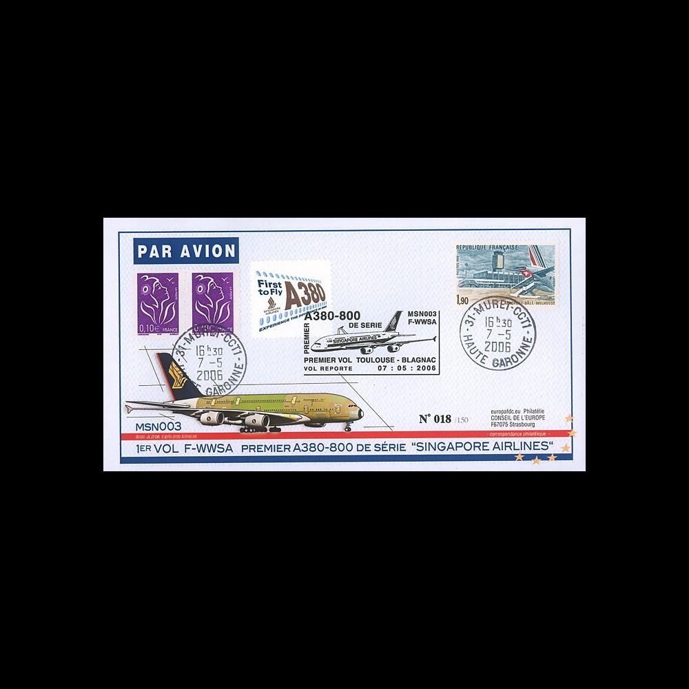 A380-19T2 : 2006 - FDC France "1er Vol A380-800 de série / MSN003 de Singapore Airlines"