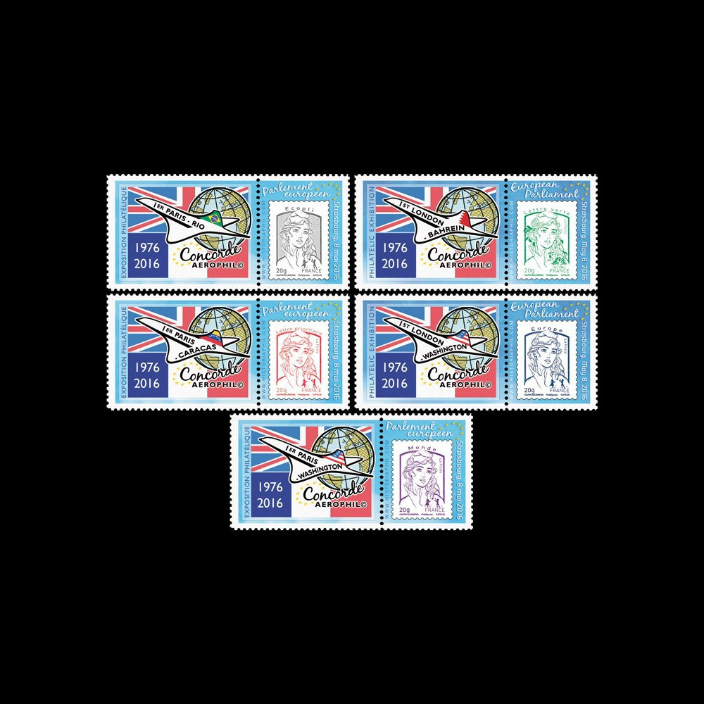 CO-RET67PT : 5 Porte-timbres "40 ans 1ers vols Concorde - Parlement européen" 8-5-2016