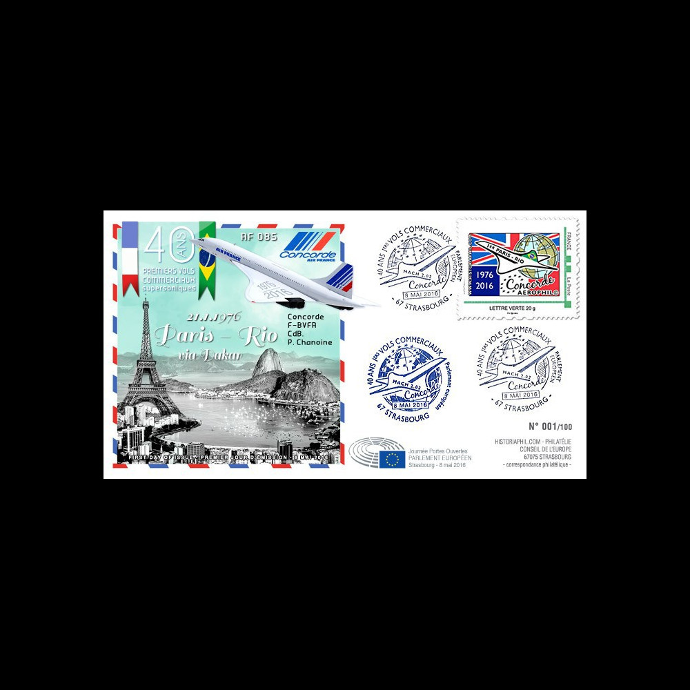 CO-RET62 : 8-5-16 - FDC 1er Jour Parlement européen "40 ans 1er vol Concorde Paris - Rio"