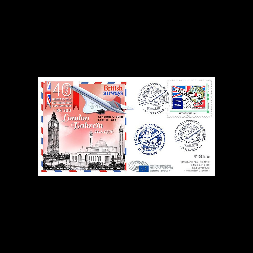 CO-RET63 : 8-5-16 - FDC Parlement européen "40 ans 1er vol Concorde Londres - Barhein"