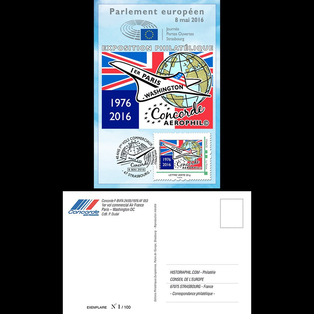 CO-RET65CM : 8-5-16 - Carte Parlement européen "40 ans 1er Concorde Paris - Washington"