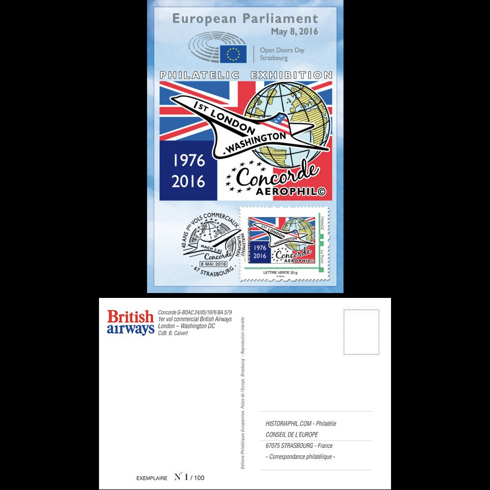 CO-RET66CM : 8-5-16 - Carte Parlement européen "40. 1er Concorde Londres - Washington"
