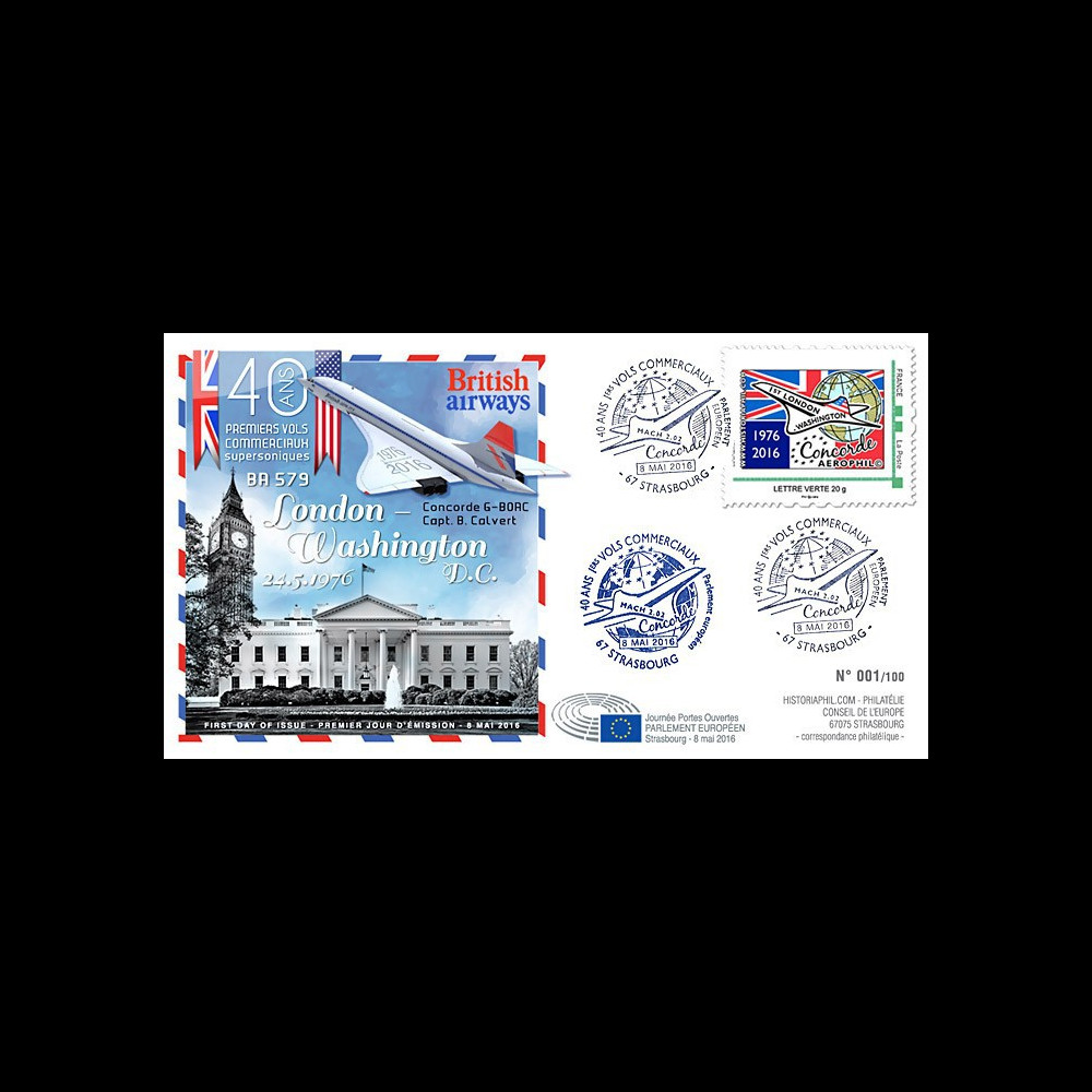 CO-RET66 : 8-5-16 - FDC Parlement européen "40 ans 1er Concorde Londres - Washington"