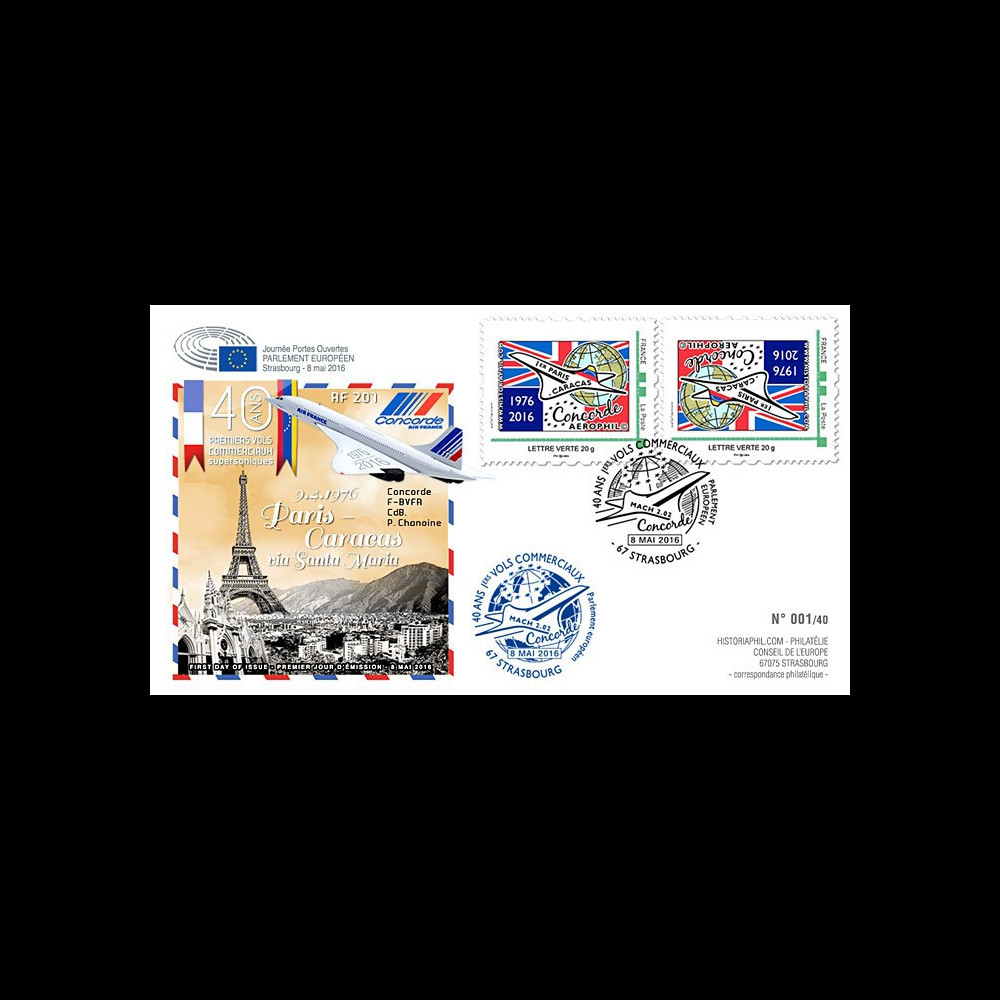 CO-RET64V : 8-5-16 - FDC variété Parlement européen "40 ans 1er Concorde Paris - Caracas"