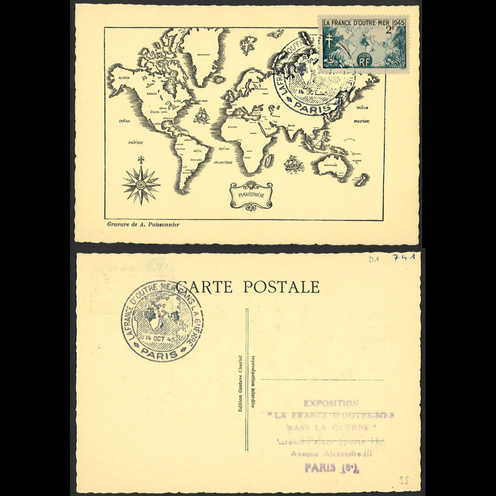 W2-FR741-D1 : Carte Maxi Planisphère 'LA FRANCE D’OUTRE-MER DANS LA GUERRE 1945'