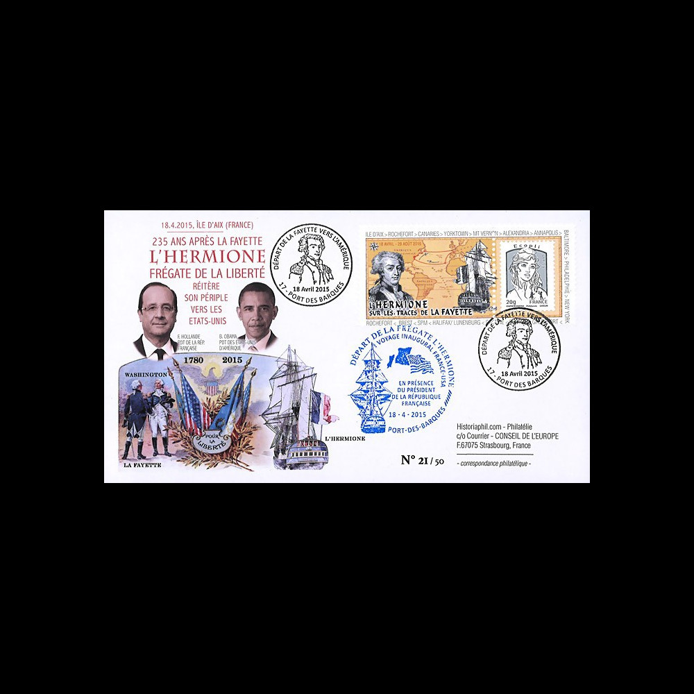 HLF15-1A : 18-04-2015 - FDC "Départ de la frégate de la liberté l'Hermione" - Ile d'Aix