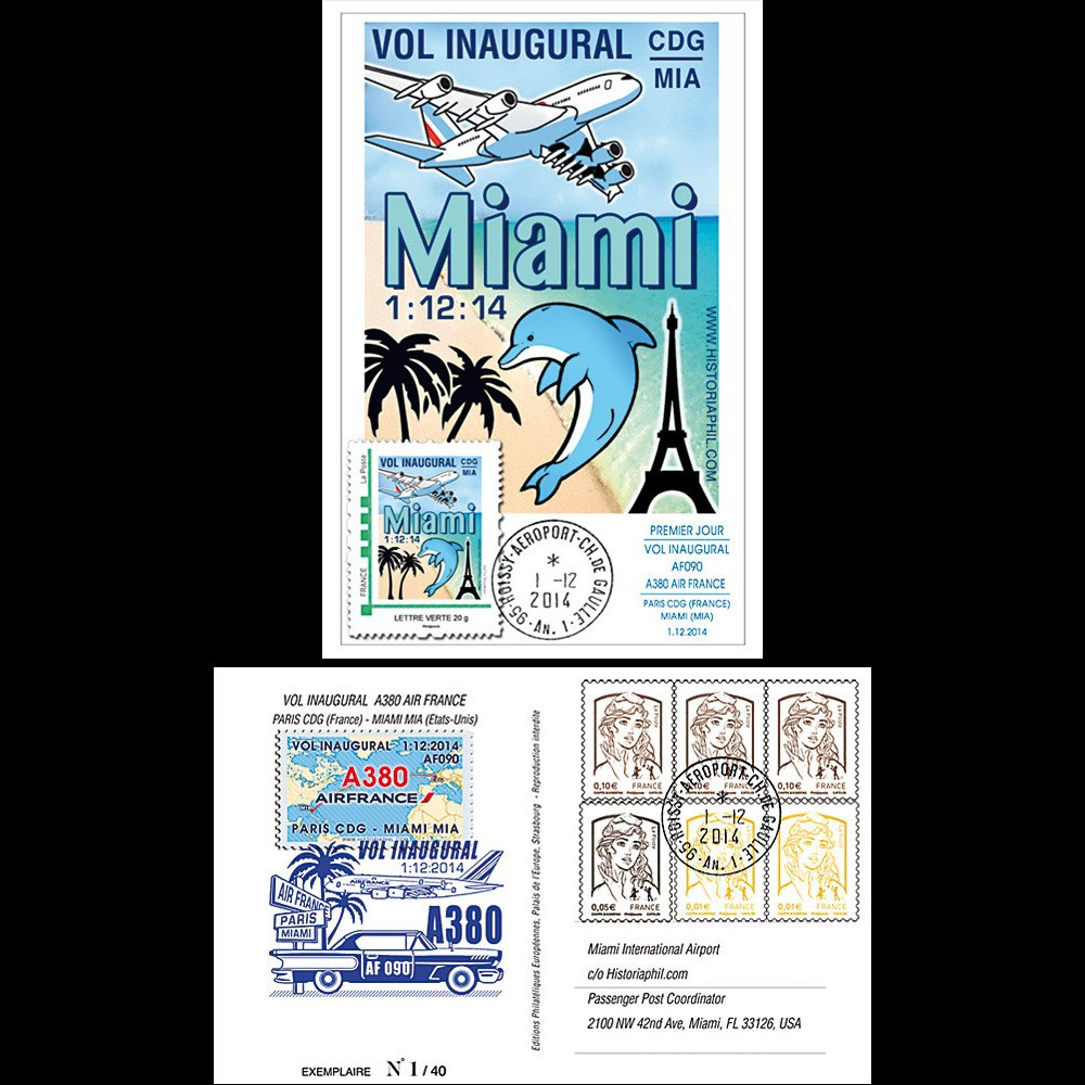 A380-287 : 2014 - Carte maximum FRANCE "A380 Air France Vol inaugural Paris-Miami"
