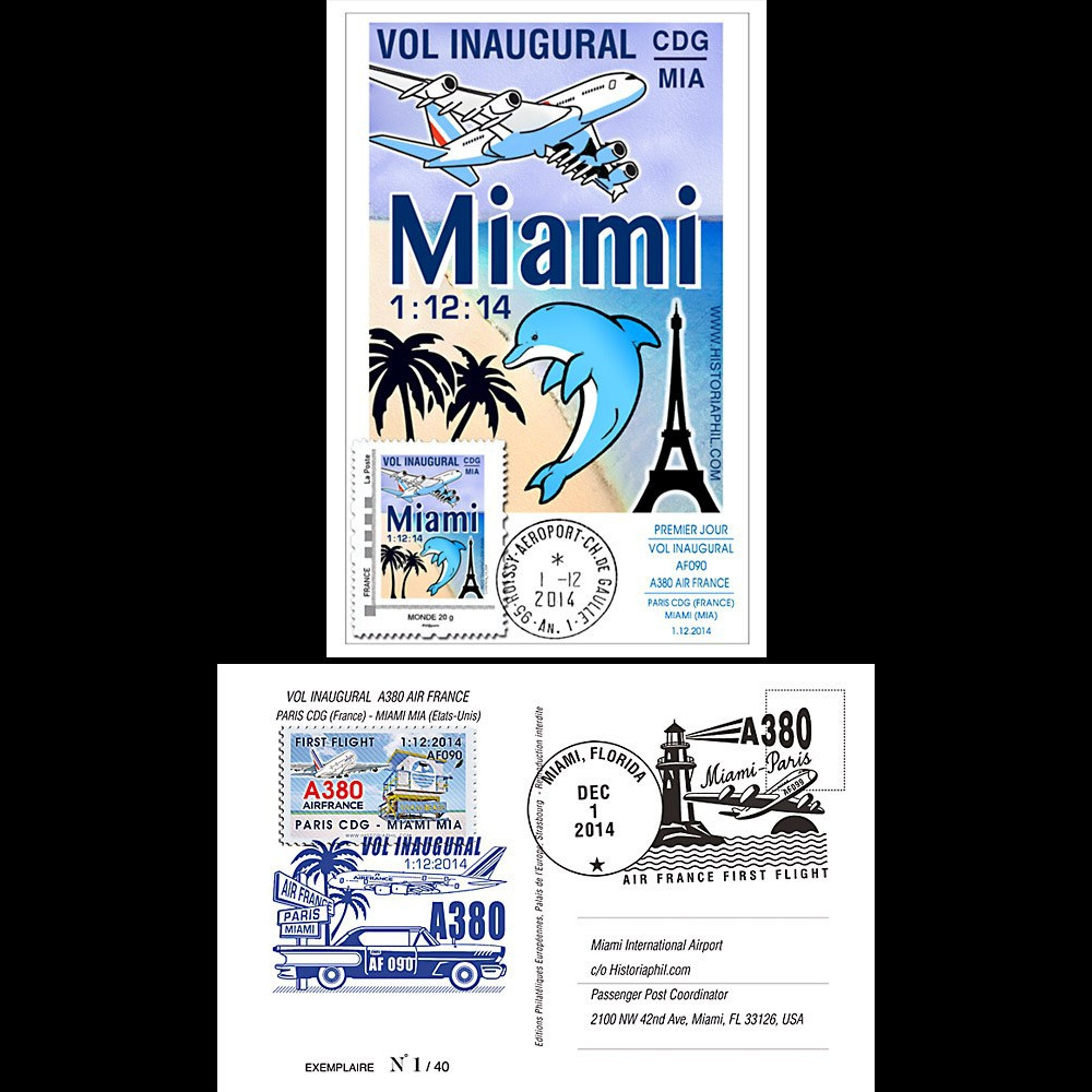 A380-288 : 2014 - Carte maximum FRANCE "A380 Air France Vol inaugural Paris-Miami"