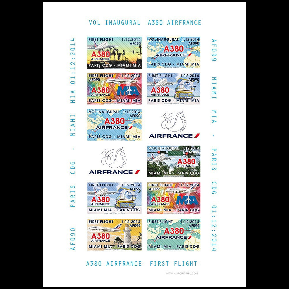 A380-287FND : 2016 - Feuillet 12 vignettes "A380 Air France Vol Inaugural Paris-Miami"